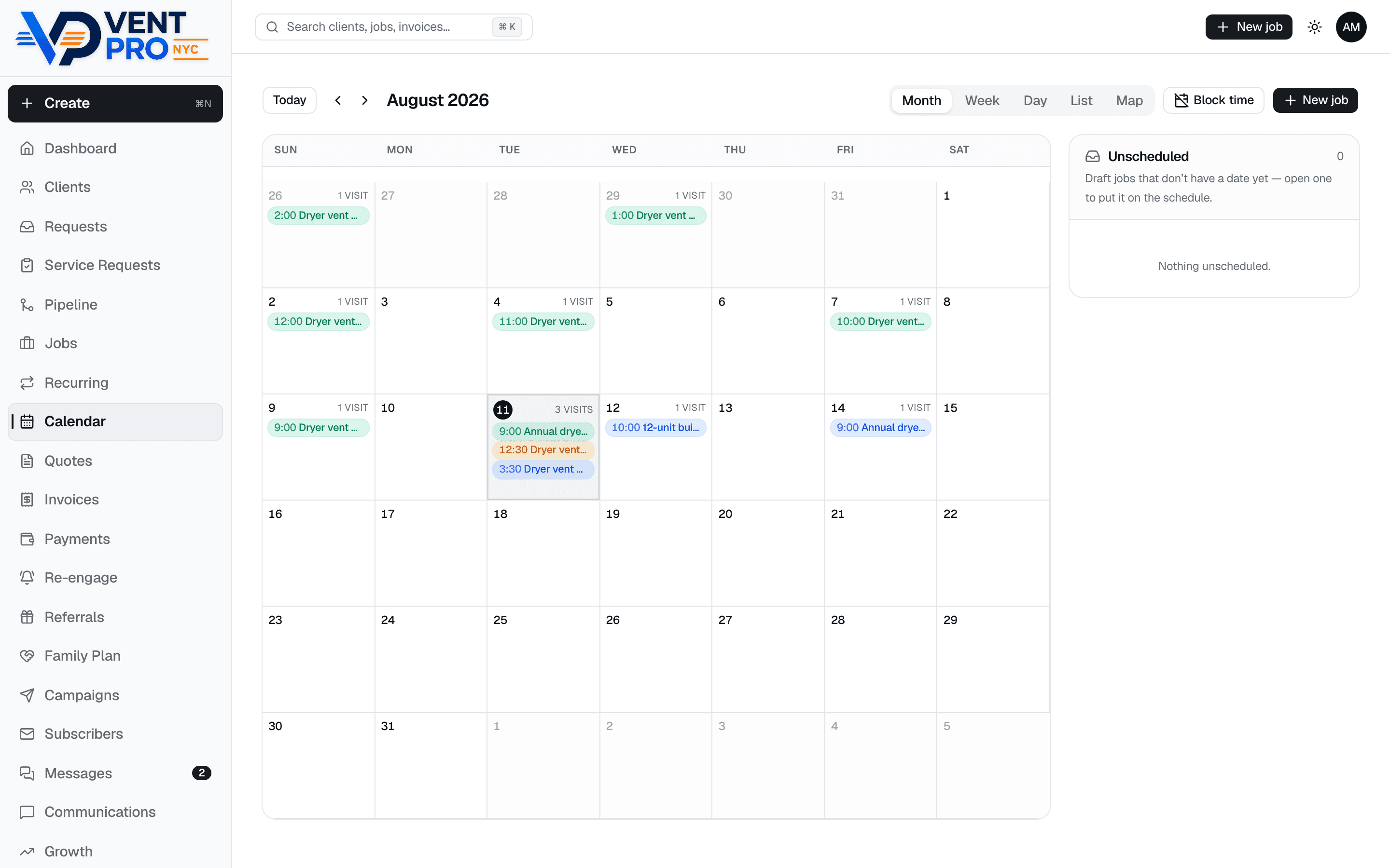VentCRM desktop calendar: a month view of August with color-coded visits and month, week, day, list, and map view options