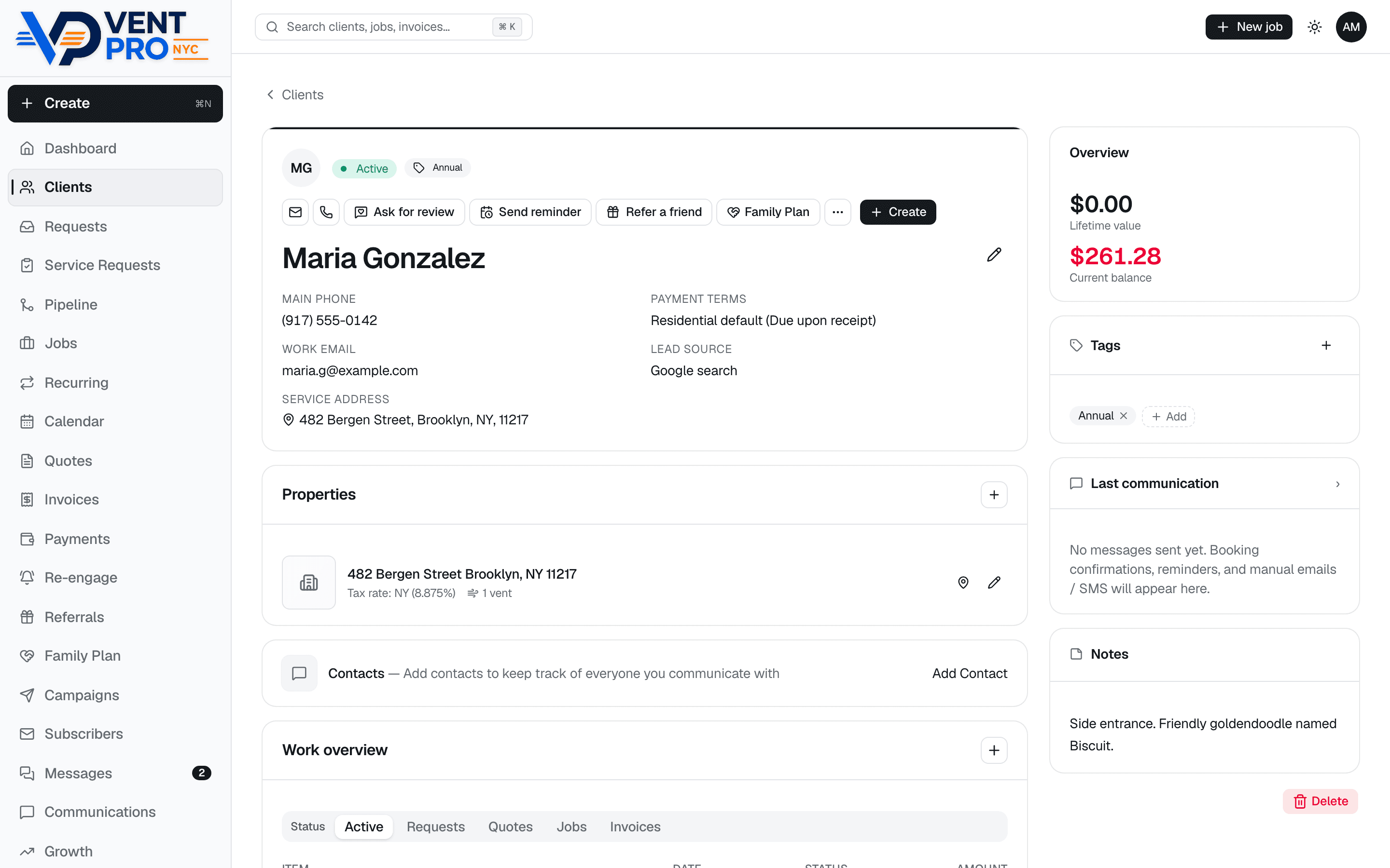 VentCRM client profile: contact details, service address, lifetime value, tags, notes about a friendly dog, and action buttons for review requests, reminders, and referrals