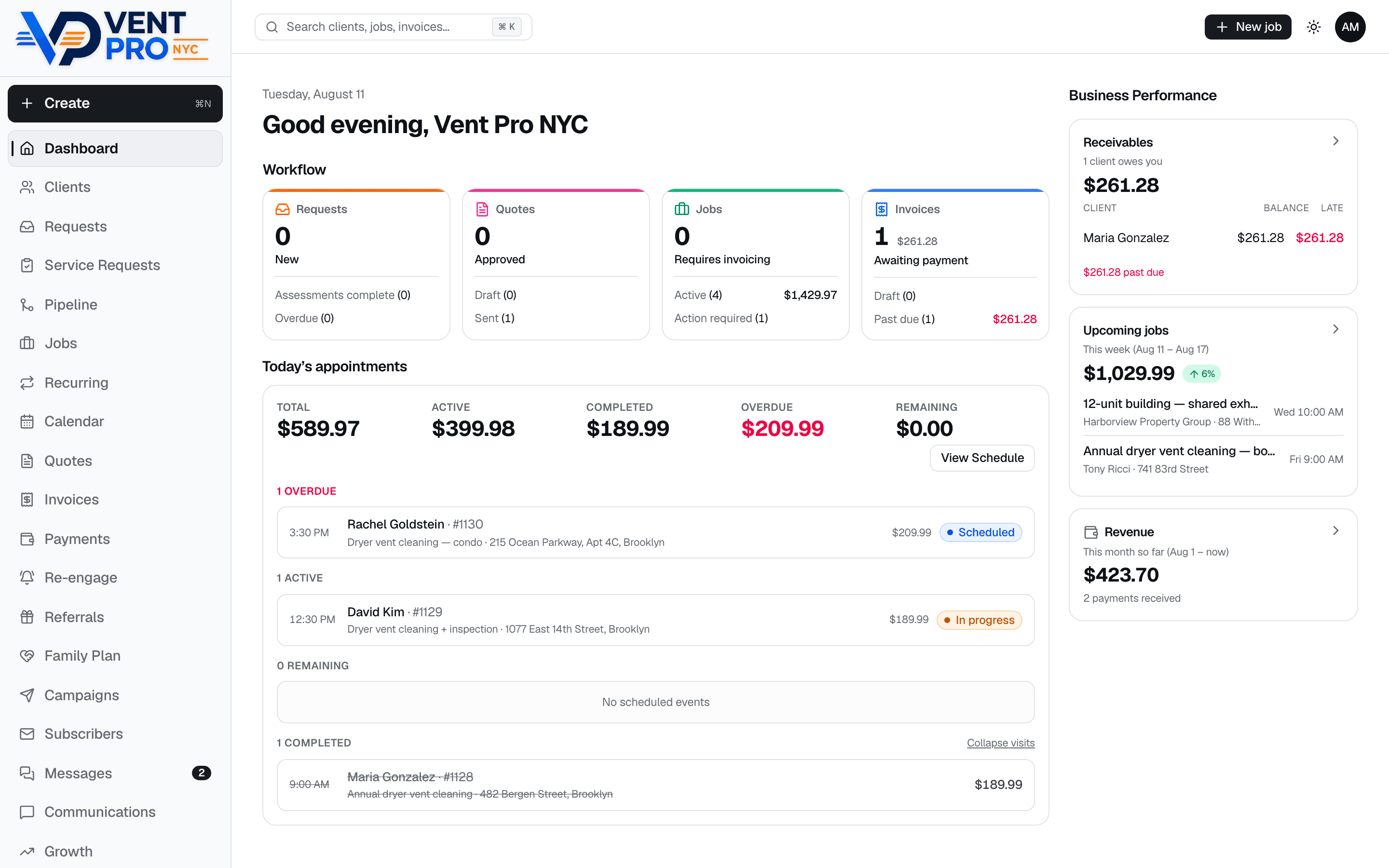 VentCRM desktop dashboard: workflow tiles for requests, quotes, jobs and invoices, today's appointments with statuses, receivables, upcoming jobs, and month-to-date revenue