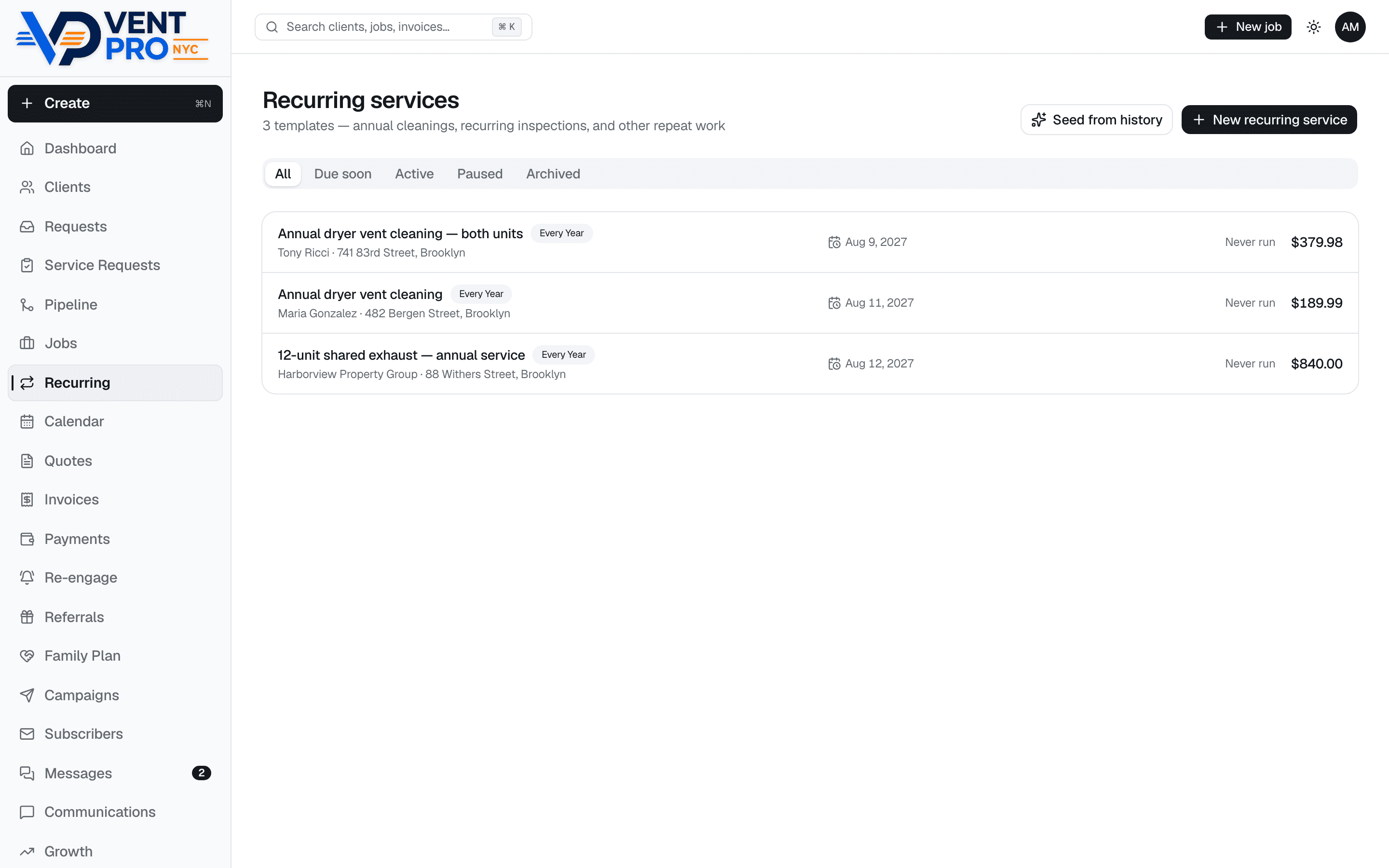 VentCRM recurring services screen: three annual templates with next-due dates a year out and per-template prices