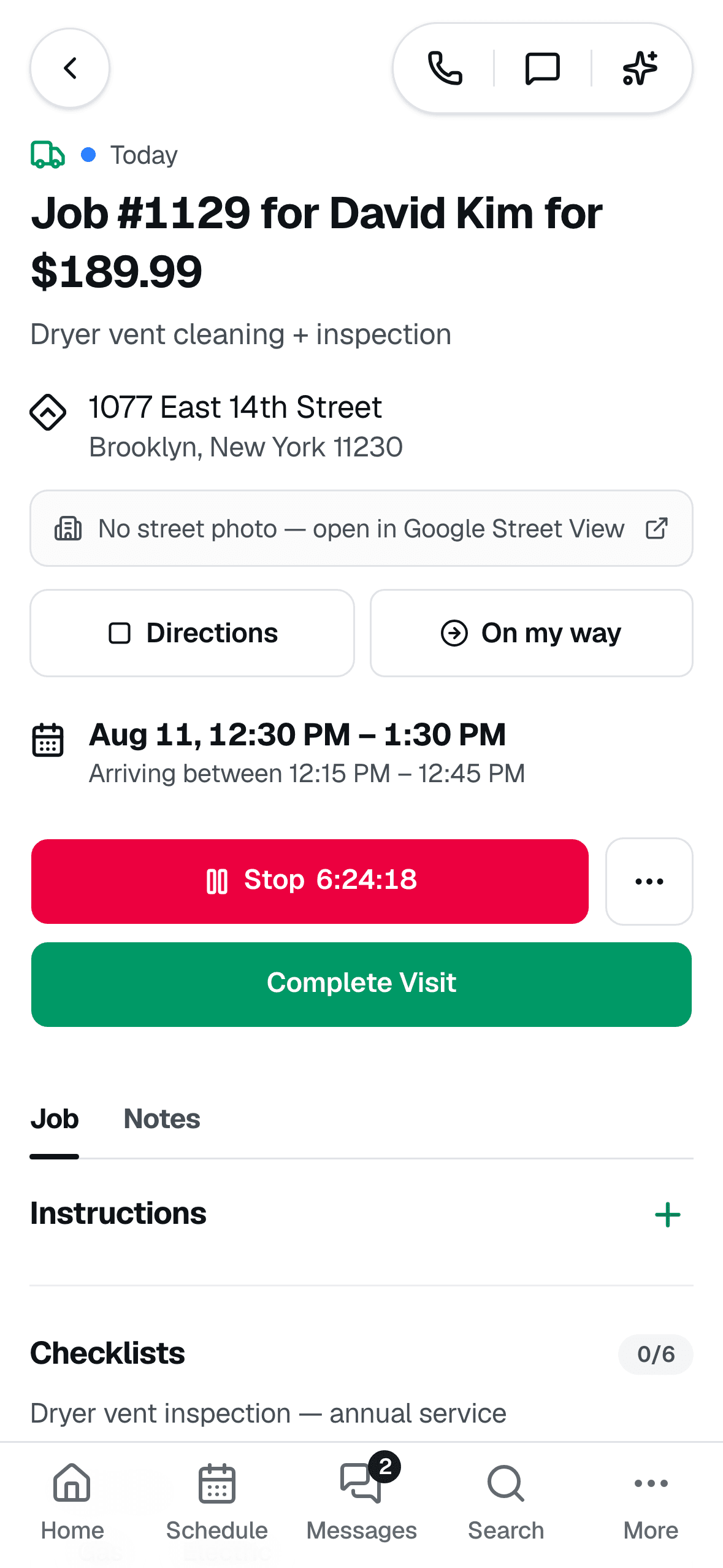 VentCRM job visit screen on a phone: job #1107 for $189.99 with directions, an On my way button, a running visit timer, a Complete Visit button, and an inspection checklist