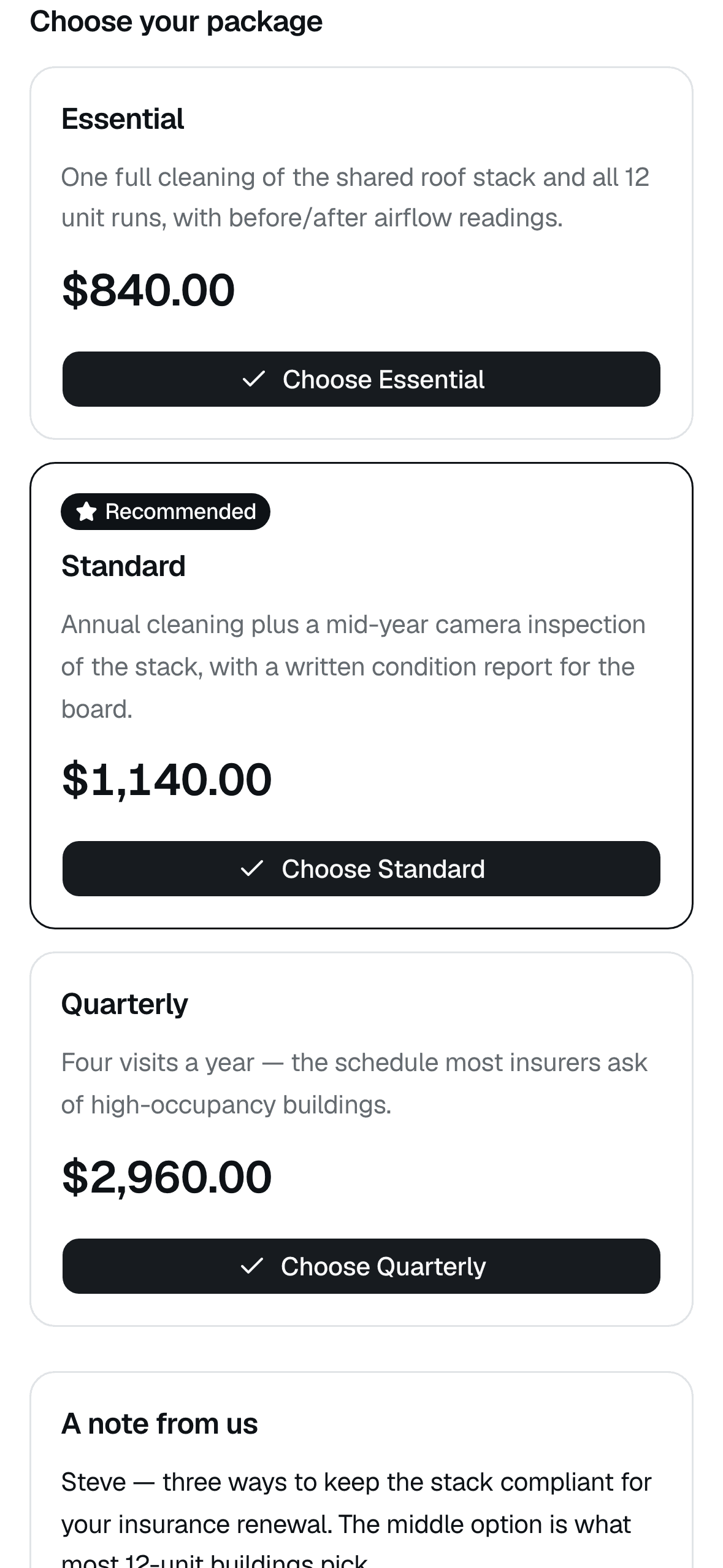 Customer quote page: three package tiers with prices and Choose buttons, the middle one badged Recommended