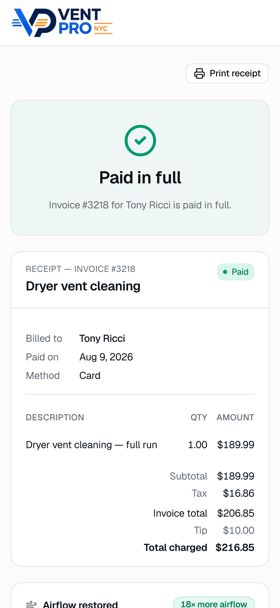 Customer receipt page: Paid in full banner, itemized invoice with tax and tip, and payment method