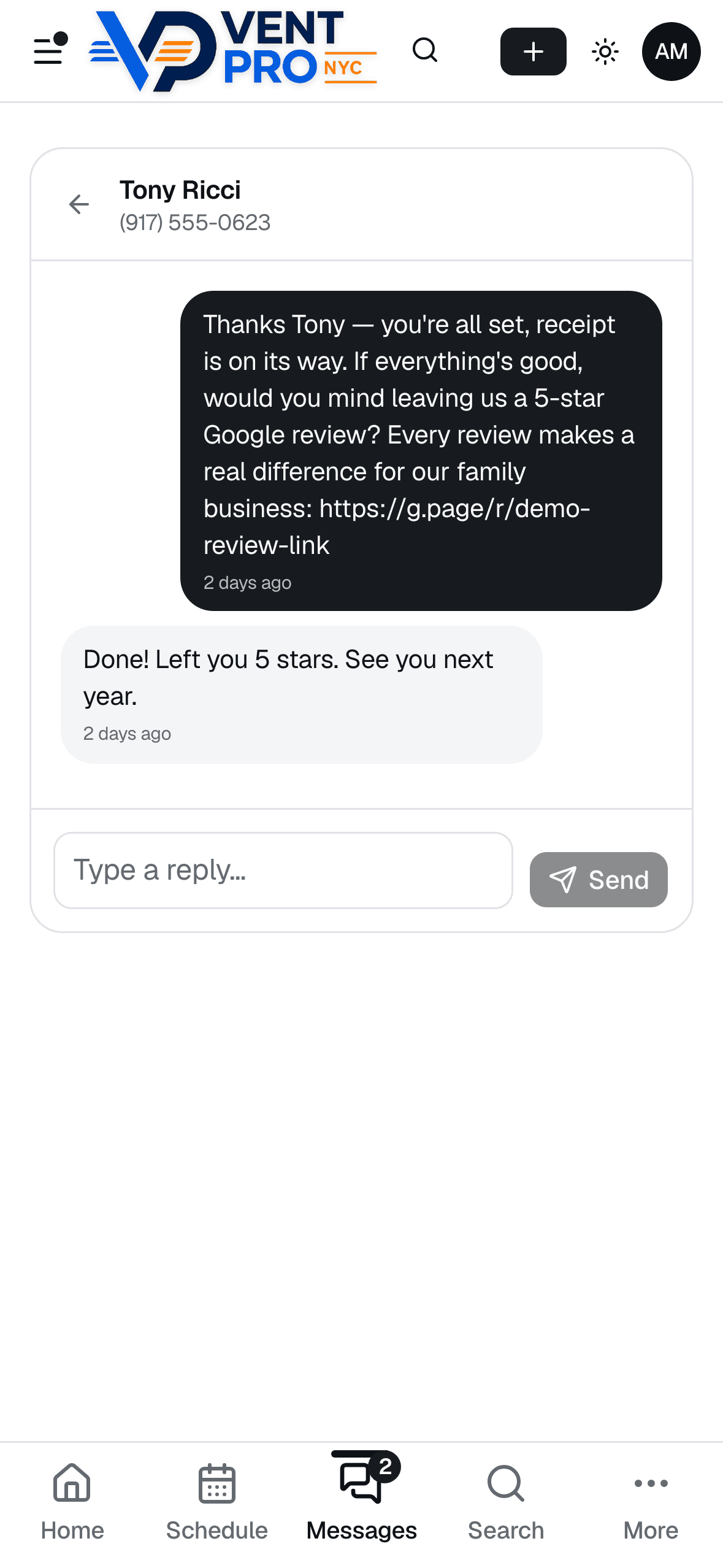 VentCRM text thread: an automatic post-payment message asking for a 5-star Google review with a link, and the customer replying that they left 5 stars